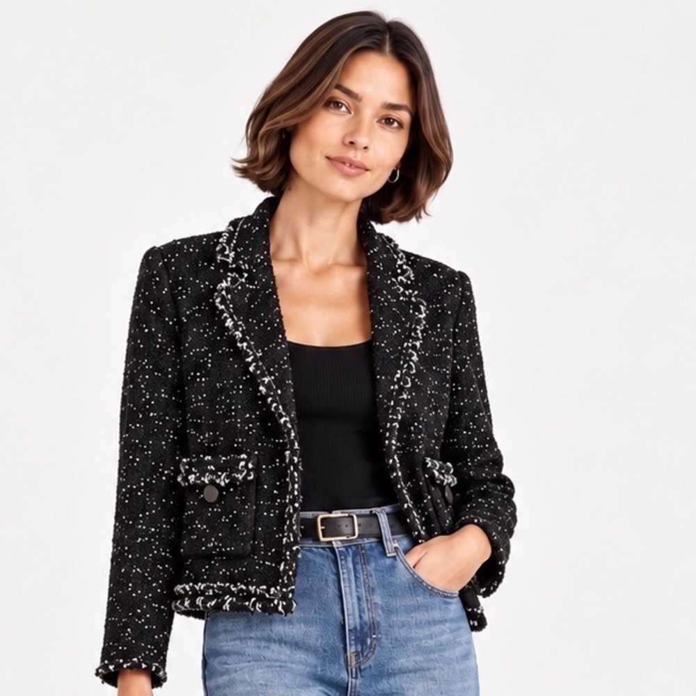 Massimo Dutti Women 6 Black White Tweed Blazer Italian Yarn Fringe Corporate